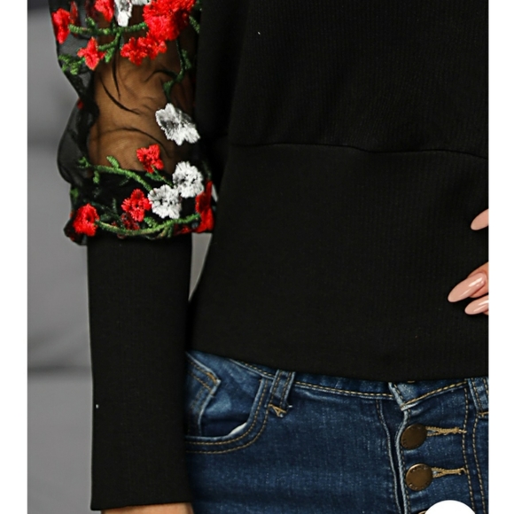 *2 left* Black Floral Mesh Sleeve Knit Top - Picture 6 of 8